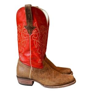 J.B. Dillon Cowboy Western Boots Womens 10 B USA Made Red Tan Leather Square Toe